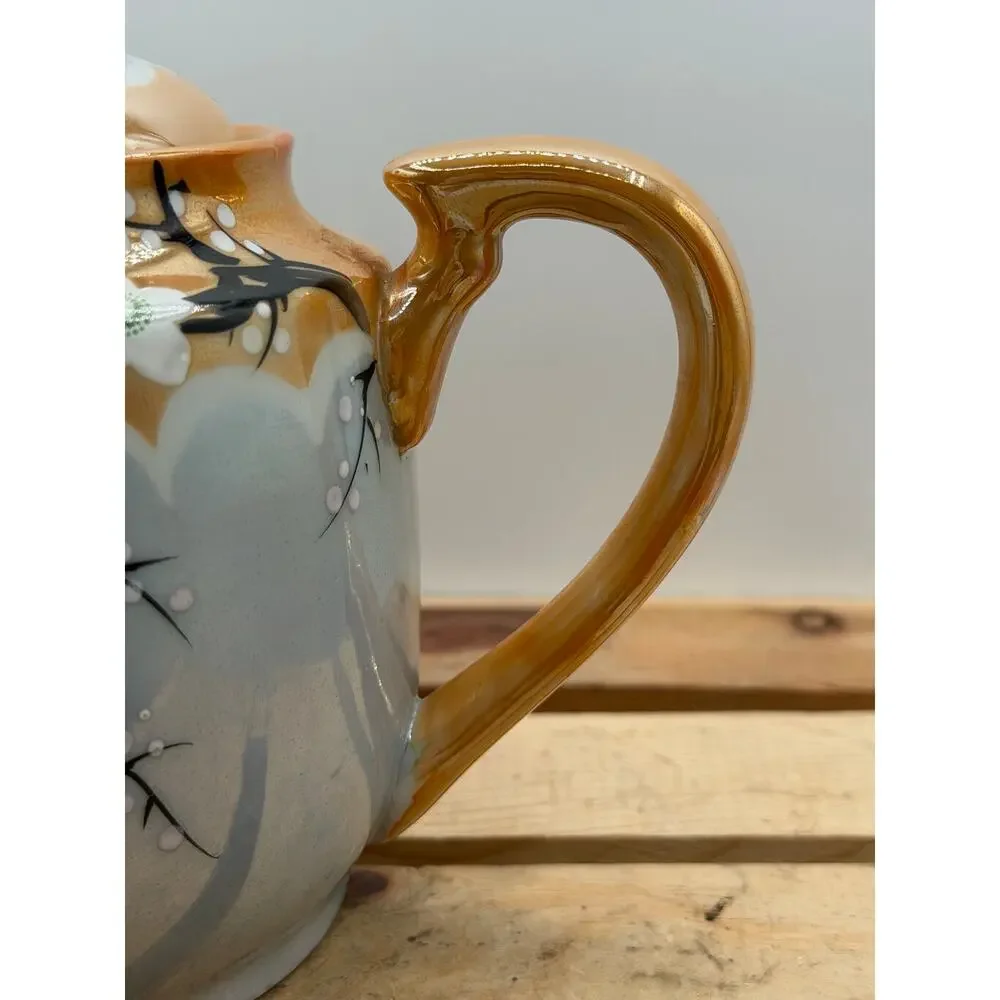 Vintage Hand-Painted Lustreware Teapot with Floral Design and Iridescent Finish